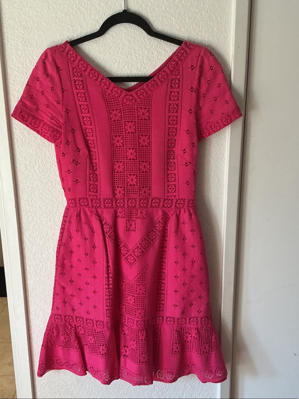 Valentino Hot Pink Eyelet V-Neck Fit & Flare Dress